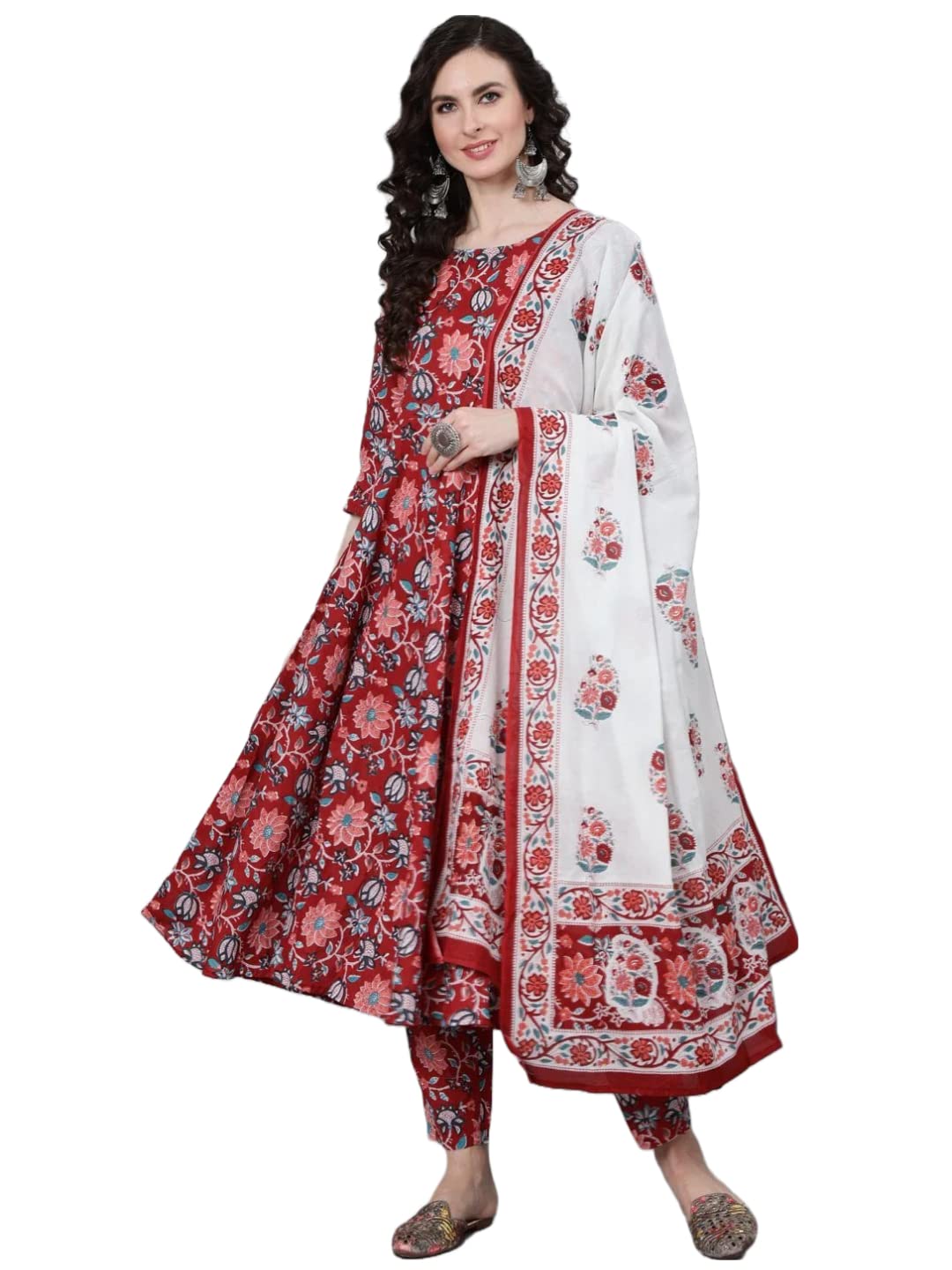 ANNI DESIGNER Womens Cotton Blend Floral Printed Anarkali Kurta with Trouser & Dupatta (Gym-RED_S_Red_Small)