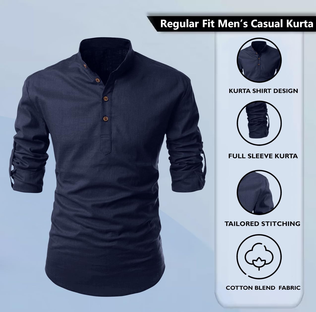 Zombom MenS Solid Cotton Blend Casual Regular Fit Mandarin/Chinese Collor Full Sleeve Kurta Shirt For Men Navy Blue
