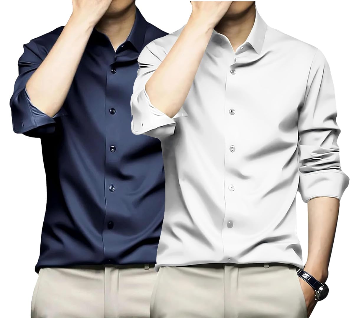 Deelmo Combo Of MenS Stylish Solid Satin Casual Shirt For Men Full Sleeves| Poly Satin Silk Shirt Pack Of 2 Navy-White