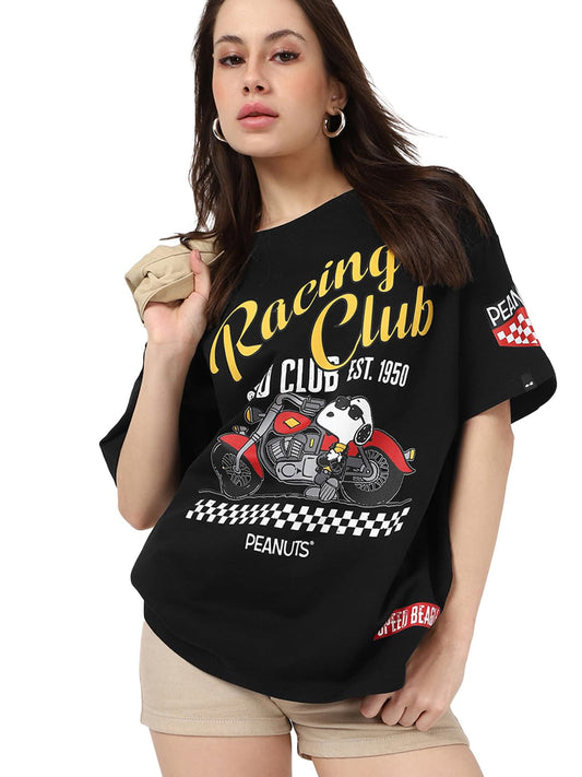 Bewakoof Heavy Duty 1.0 Official Peanuts Merchandise Womens Graphic Print Oversized Fit Half Sleeve Round Neck Pure Cotton T-Sh