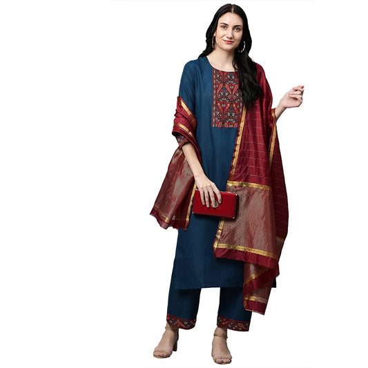 Gosriki WomenS Cotton Blend Embroidered Straight Kurta With Palazzo & Dupatta(Morning-Blue_L-Blue_Large)