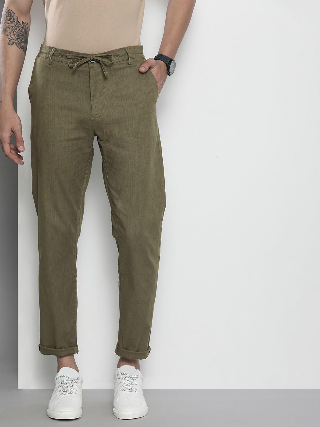 The Indian Garage Co Men Slim Fit Solid Mid-Rise Elasticated Linen Trousers Ivy Green