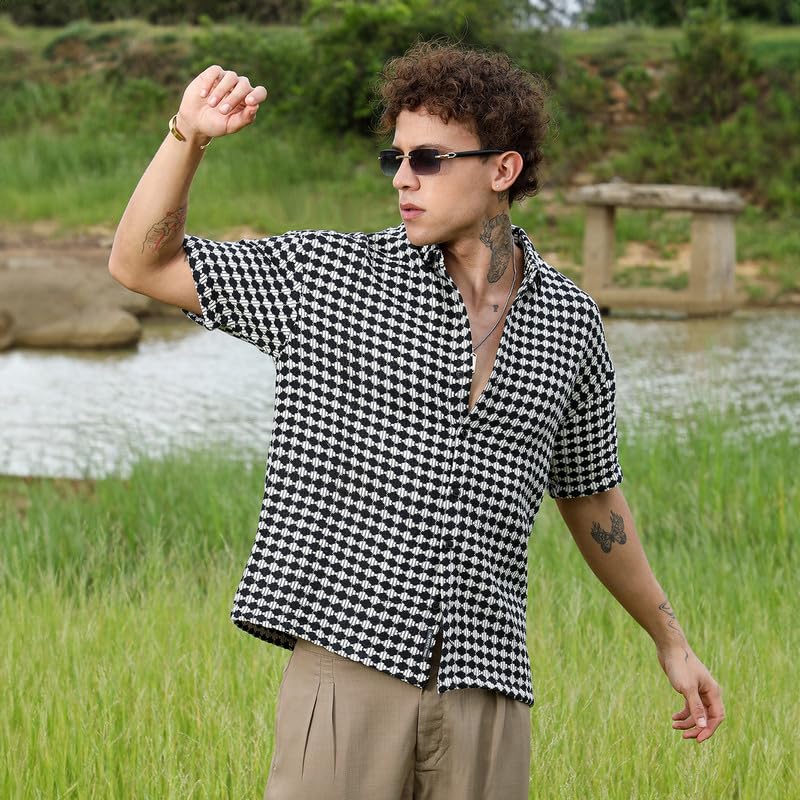 Campus Sutra Mens Midnight Black & Powder White Lozenge-Striped Oversized Shirt| Casual Wear | Cuban Collar| Short Sleeve| Butt