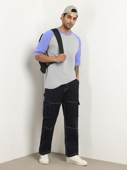 Nobero MenS Colorblock Oversized Fit T-Shirt (1M-Twts-R0103-Bl_Grey Melange