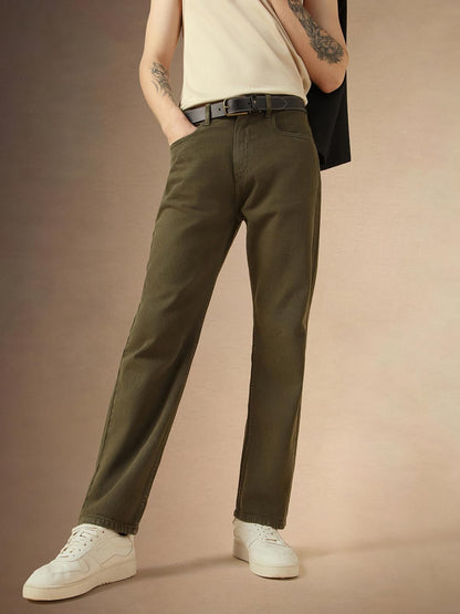 Dennis Lingo Mens Green Cotton Relaxed Fit Casual Jeans