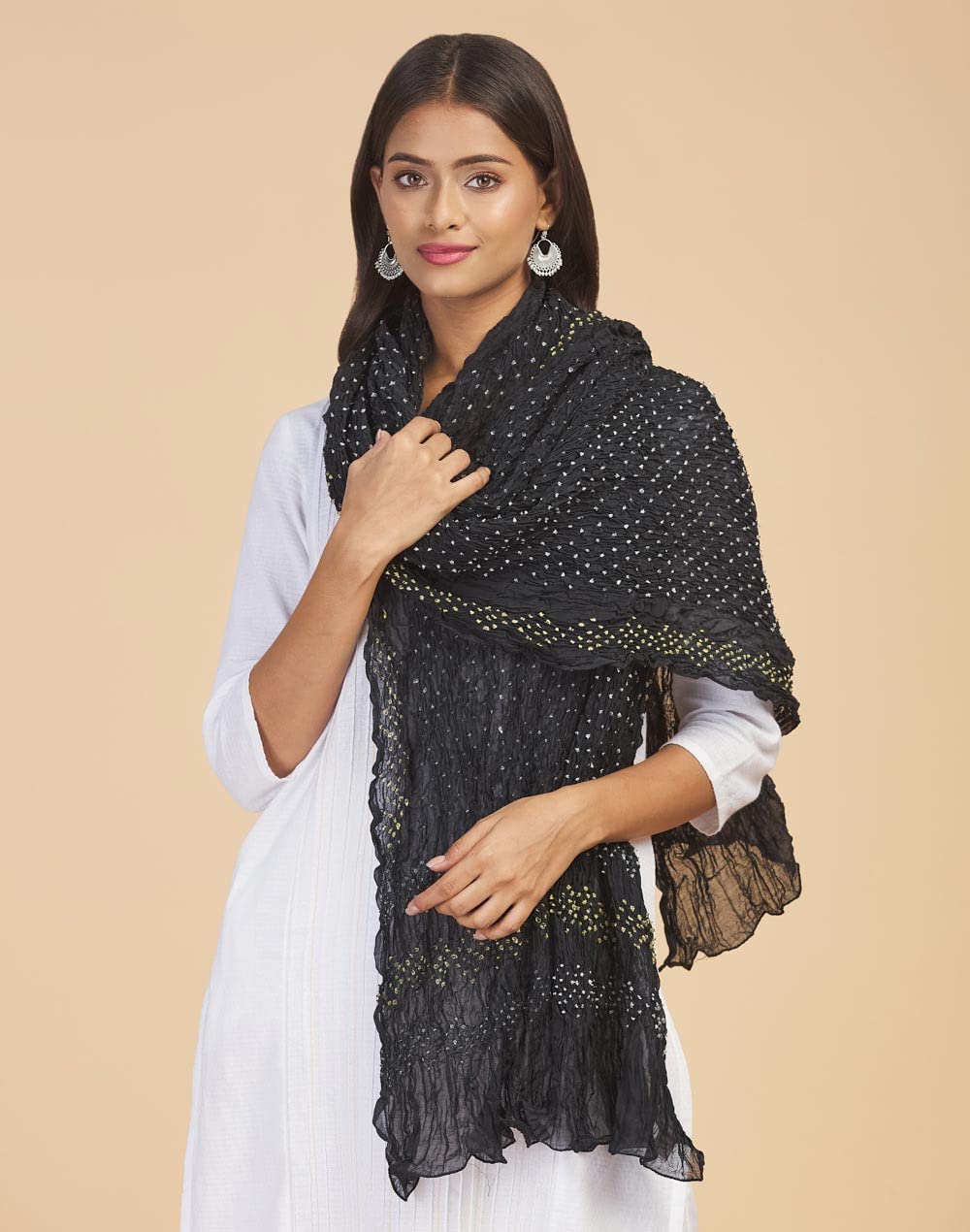 Fabindia Black Cotton Silk Bandhani Dupatta (Free Size)