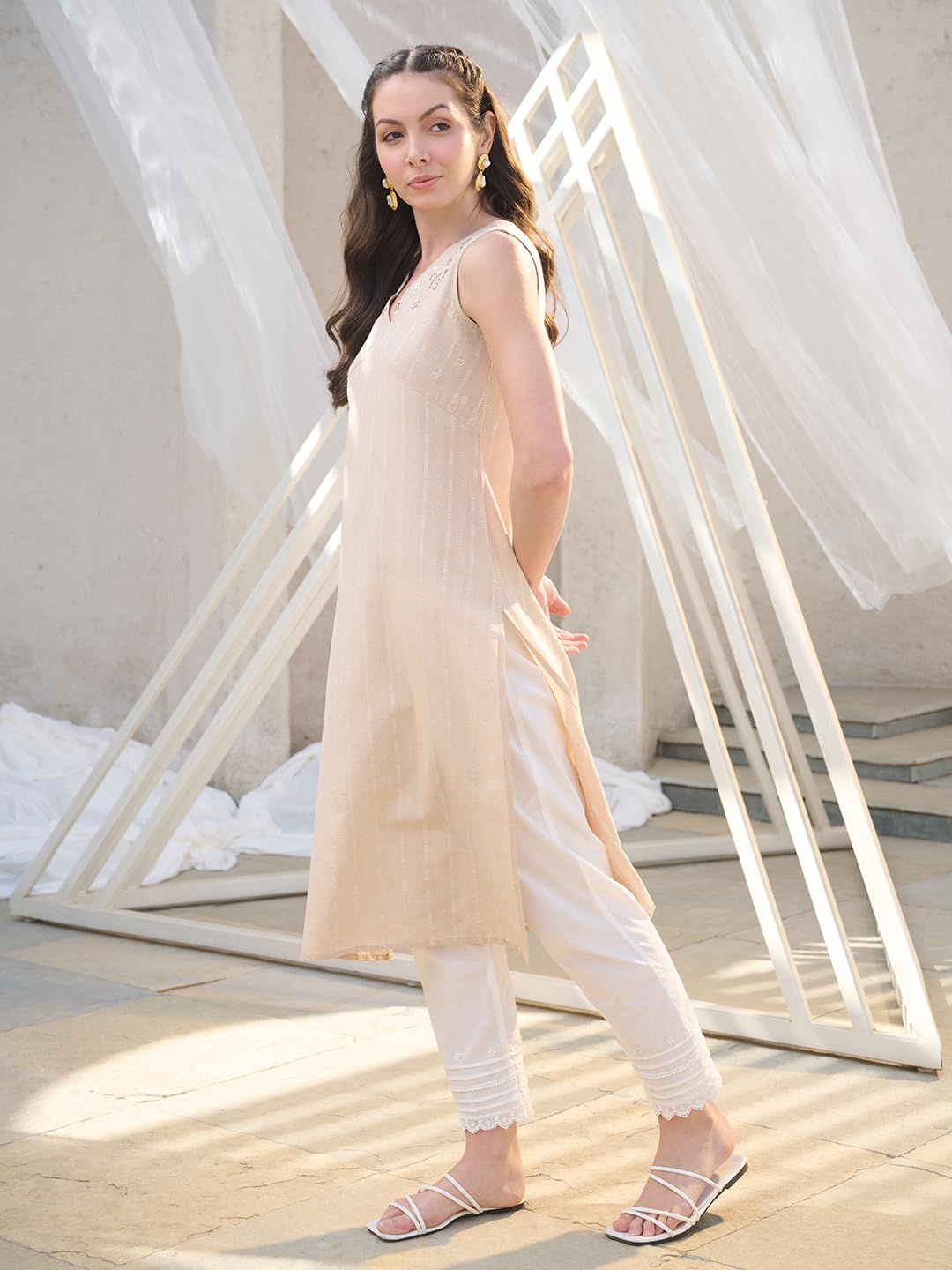 Stylum Womens Solid & Embroidered Cotton Blend Straight Kurta Beige