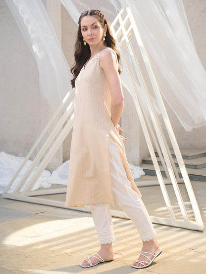 Stylum Womens Solid & Embroidered Cotton Blend Straight Kurta Beige