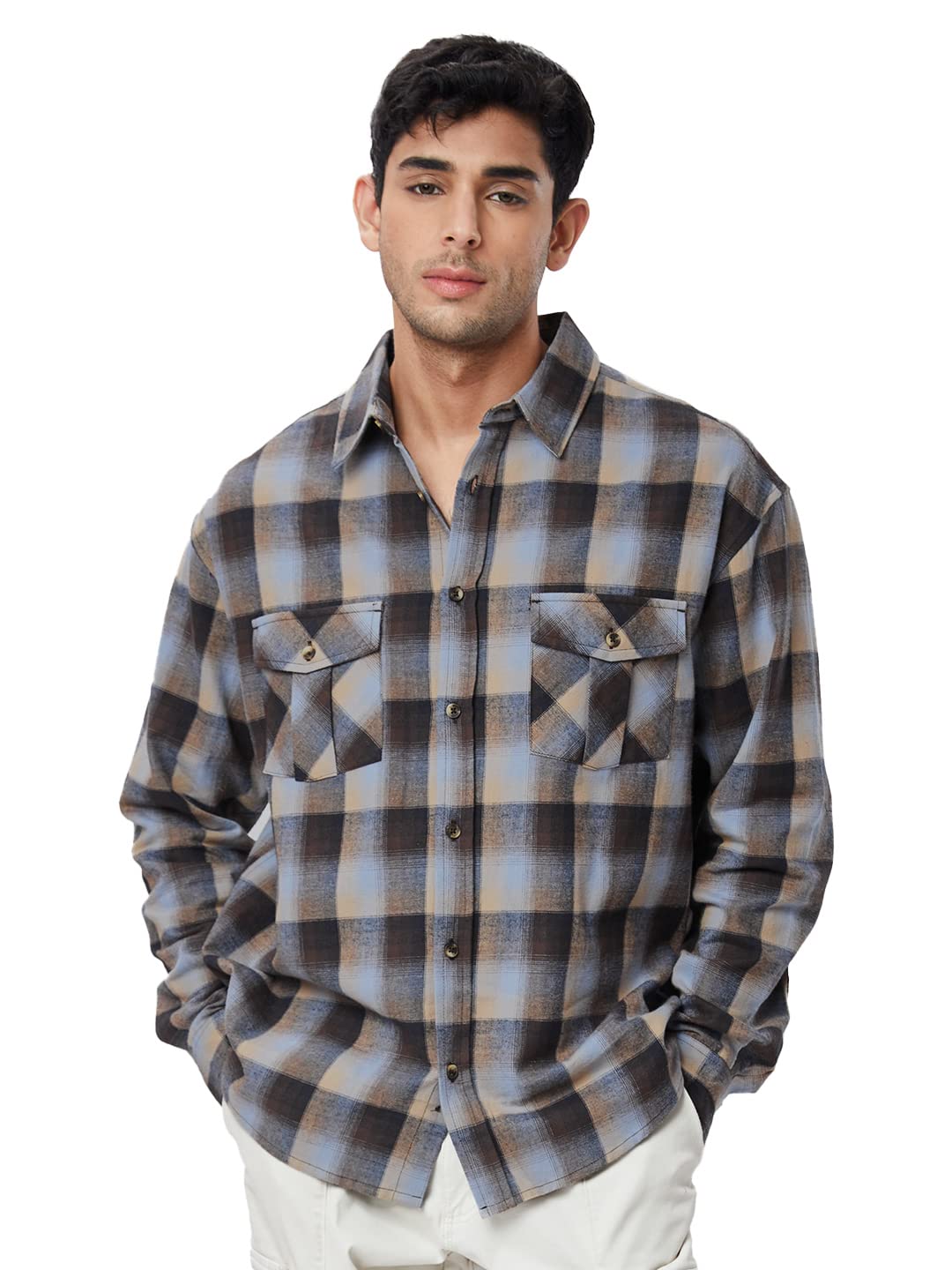 The Souled Store| Checks: Brown & Beige Mens and Boys Shirts|Full Sleeve|Loose fit Checks|100% Cotton Multicolored Men Utility S