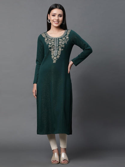 Aurelia Green Embroidered Winter Kurta and Tights Set