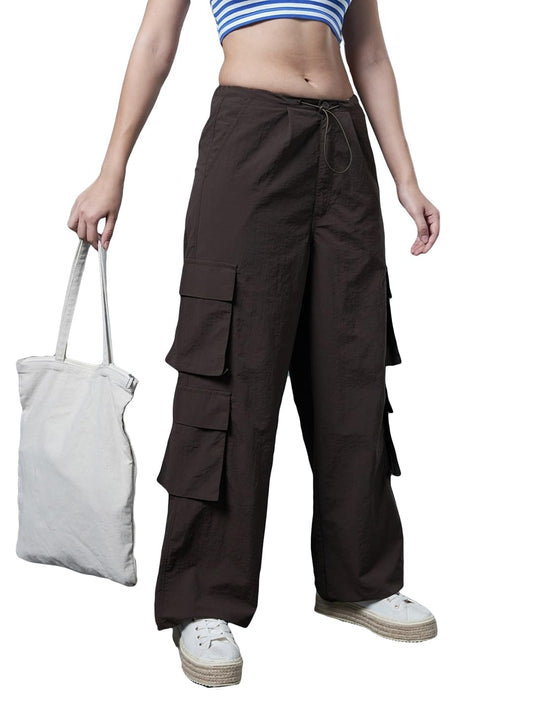 Bewakoof Womens Solid Oversized Fit Nylon Cargo Parachute High Rise Pants_628271_Brown_XL