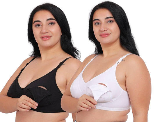 Fabme WomenS Cotton Wire Free Casual Nursing Bra (Pack Of 2) (Po2-Br_14_White, Black