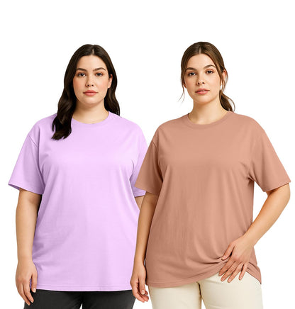 Juneberry 100% Pure Cotton Oversized Baggy Fit Drop Shoulder Solid Core Plus Size T-Shirt Combo For Women (Pack Of 2) (Po2_Jb_Ps