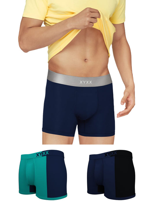 XYXX Mens Underwear Dualist IntelliSoft Antimicrobial Micro Modal Trunk Pack of 3 (Navigate & Black Iris ; Black Iris & Black ;