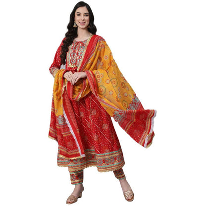 Anubhutee WomenS Cotton Red Gota Patti Ethnic Motifs Yoke Design Anarkali Kurta Suit Set With Churidar And Dupatta