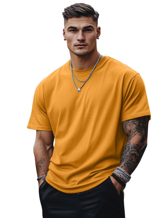 Veirdomustard Oversized Baggy Fit Drop Shoulder Short Sleeve Round Neck Solid Cotton T-Shirt
