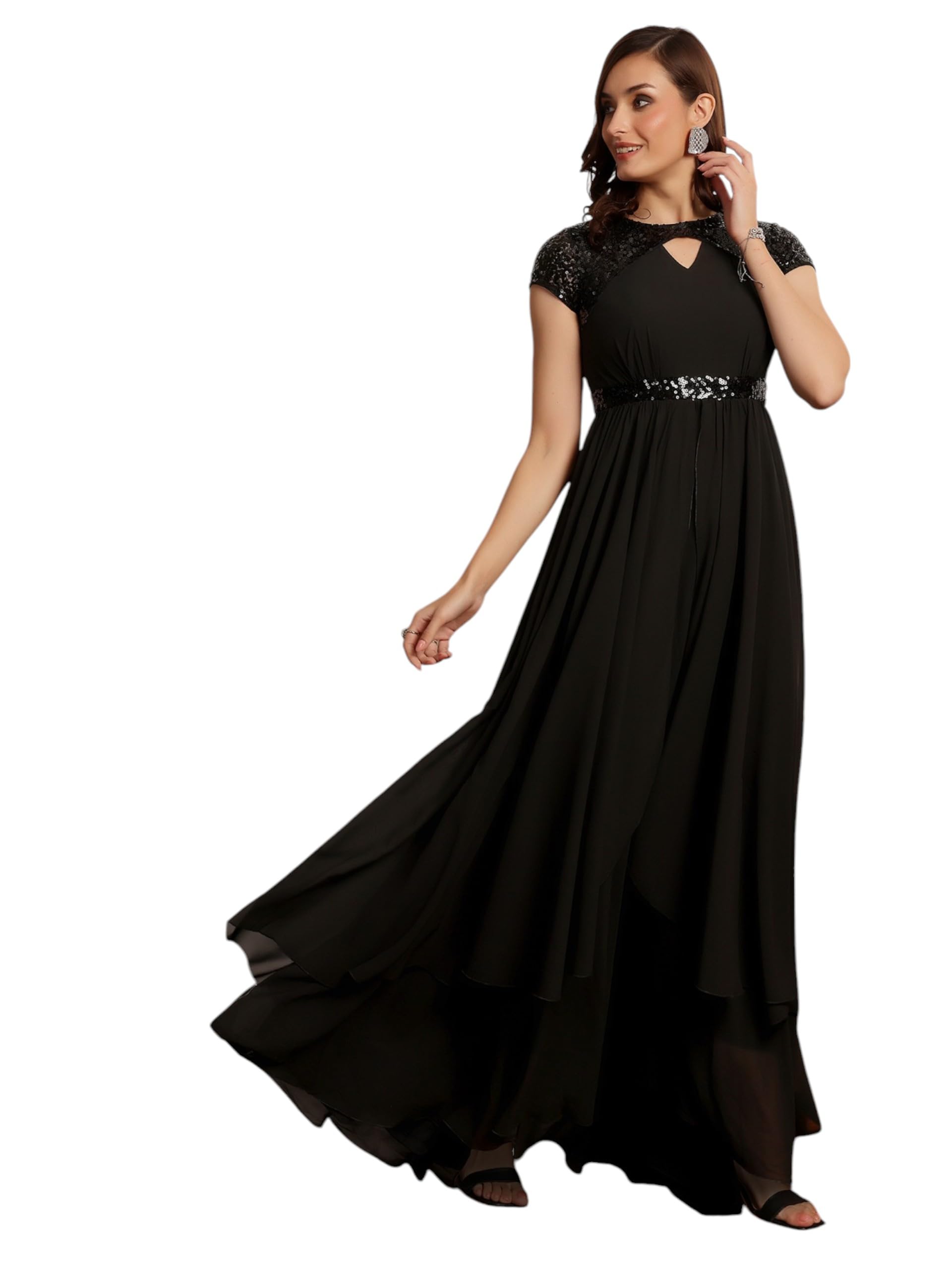 Miss Chase WomenS Keyhole Neck Short Sleeve Embellished Layegeorgette Maxi Dress (Mcaw25D84-68-378-04, Ash Black, M)