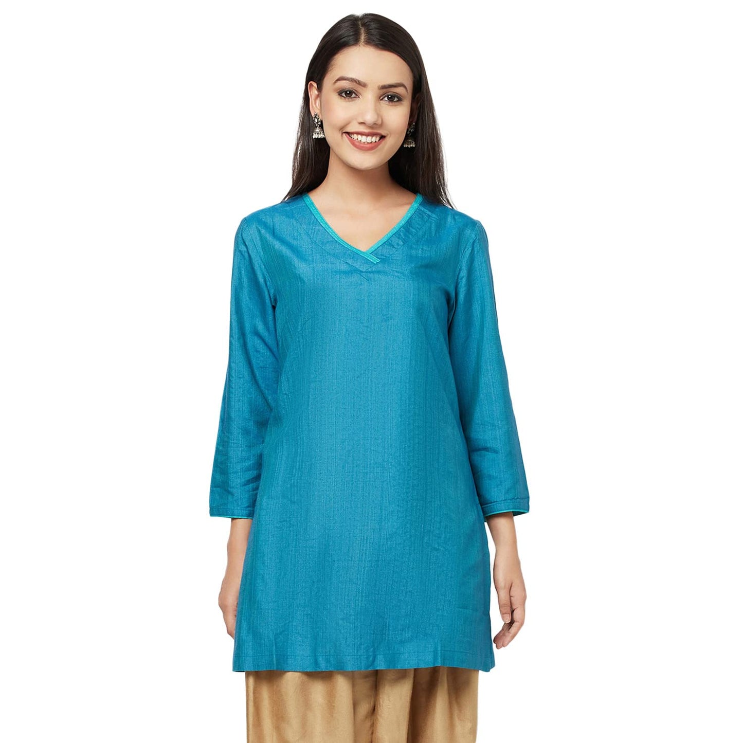 Fabindia Viscose Tussar Zari Stitch Tunic (Teal-10696929)