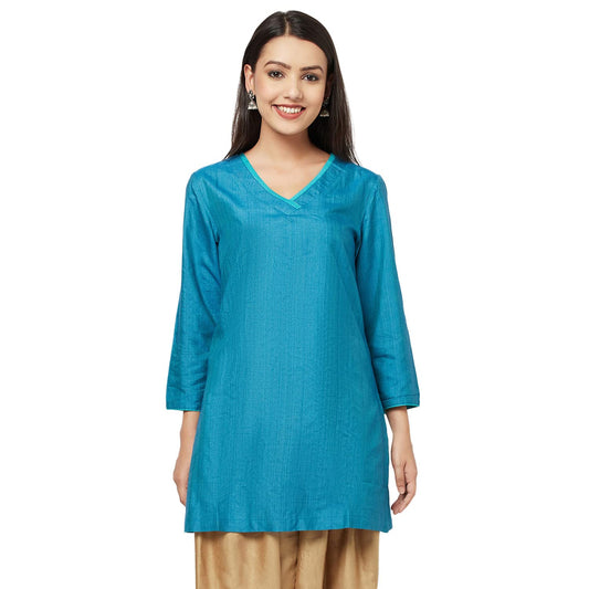 Fabindia Viscose Tussar Zari Stitch Tunic (Teal-10696929)