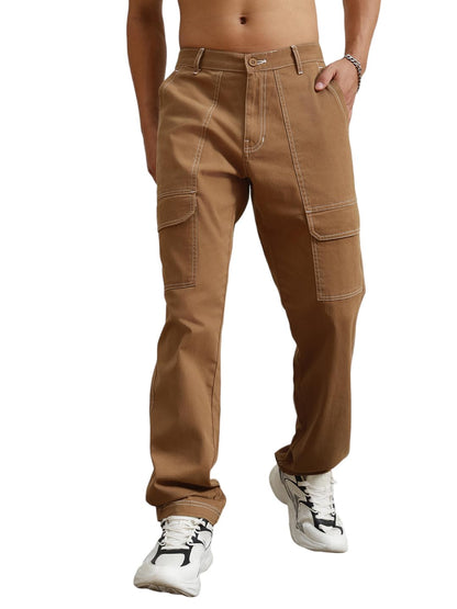 Hubberholme Men Khaki Smart Casual Summer Cotton Loose Fit Solid Trousers_14