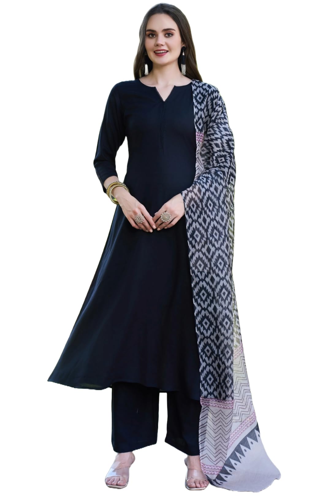 Gosriki WomenS Rayon Blend Solid Anarkali Kurta With Pant & Dupatta (Jamana Black-Vks04-Gs_3Xl_Black_Xxx-Large)