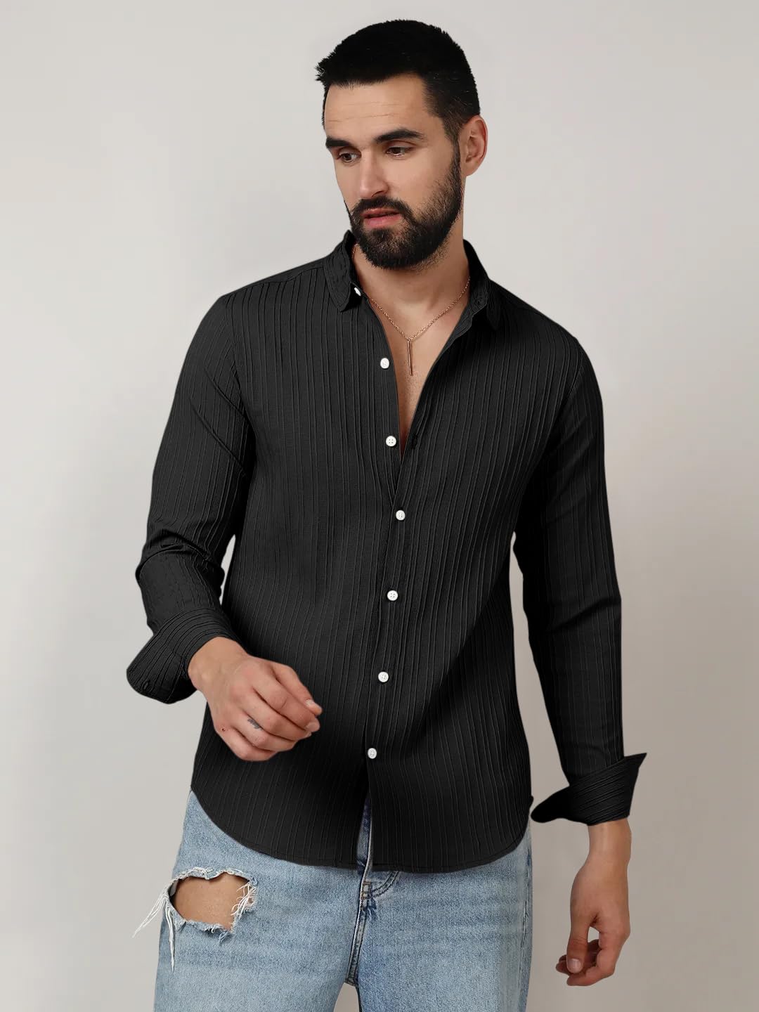 Finivo Fashion MenS Casual Cotton Plain Button Down Shirts Long Sleeve Textured Summer Beach Shirt For Men Black
