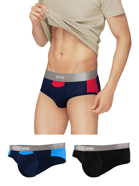 XYXX Mens Underwear Illuminati IntelliSoft Antimicrobial Micro Modal Brief Pack of 3 (Black Iris & Tango Red ; Black Iris & Bri