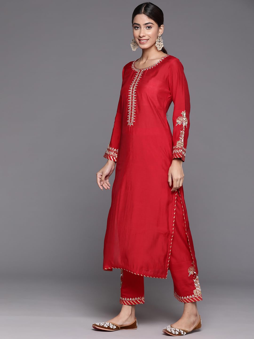 Varanga Women Red Yoke Embroidered Straight Kurta Paired With Tonal Bottom And Net Dupatta With Four Side Embroidered Taping