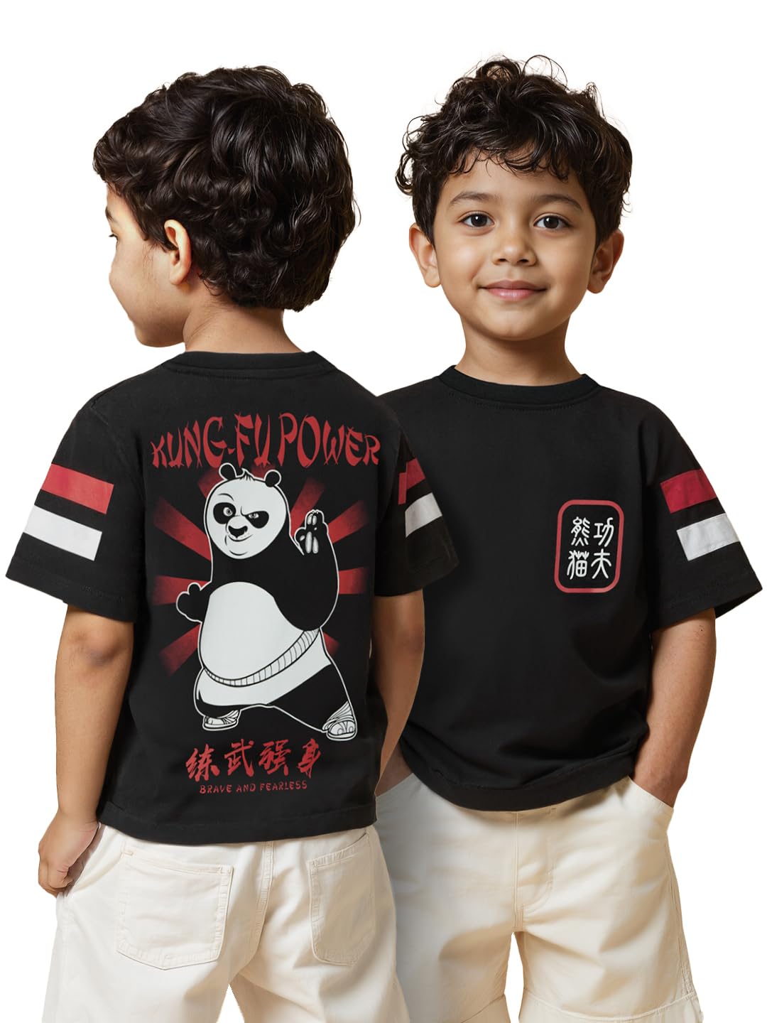 The Souled Store Kung Fu Panda: Power Boys Short Sleeves Round Neck Black Graphic Printed Regular Fit Cotton T-Shirts (2-8 Yrs)