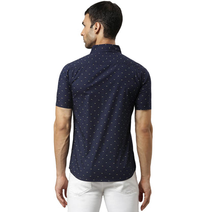 Thomas Scott Mens Printed Slim Fit 100% Cotton Casual Shirt with Half Sleeve Deep Navy