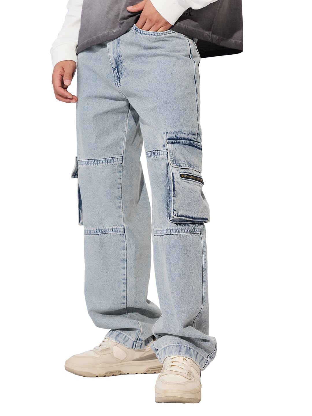 The Souled Store Denim: Washed Blue Men and Boys Buttoned Solid Cotton Blend Baggy Fit Jeans