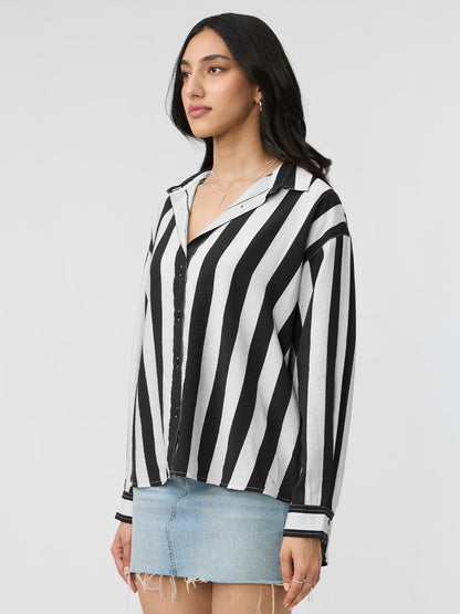 The Souled Store Stripe Shirt: Black, White Women and Girls Long Sleeves Collared Neck Button Front Viscose Blend Boyfriend Shir
