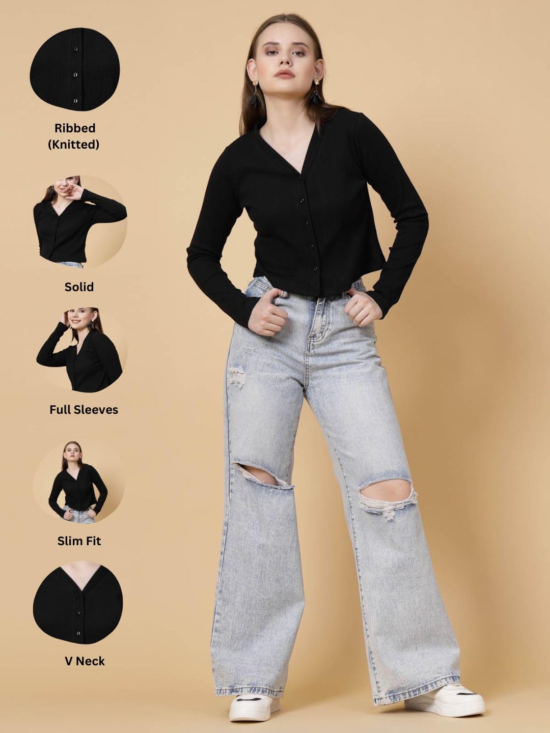 Rigo Casual Wear V Neck Rib Knit Top for Women | Slim Fit Long Sleeves Western Tops for Women