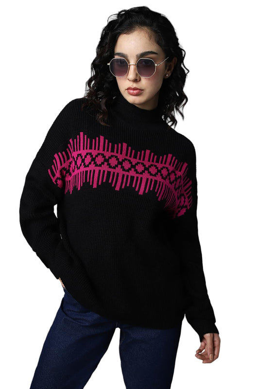 High Star WomenS Acrylic Round Neck Pullover Sweater (Hswsww23010_Bk_Black