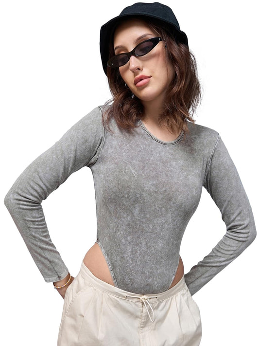 Bewakoof Womens Self Design Slim Fit Full Sleeve Round Neck Rib Acid Wash Bodysuit_616013_Grey_S