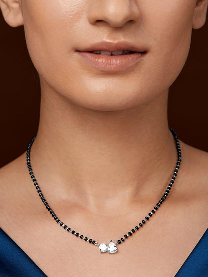 MINUTIAE Stylish AD Pendant Necklace, Adjustable Brass Mangalsutra with Black Beads, Silver Color for Women