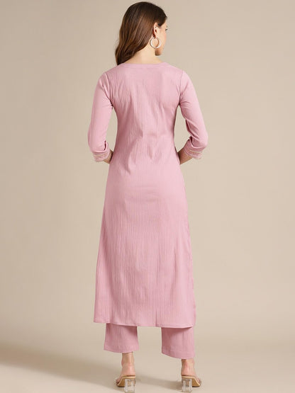 Varanga WomenS Mauve Straight Kurta With Gota Lace, Round Neckline, Side Slits, Straight Hemline - Casual Wear