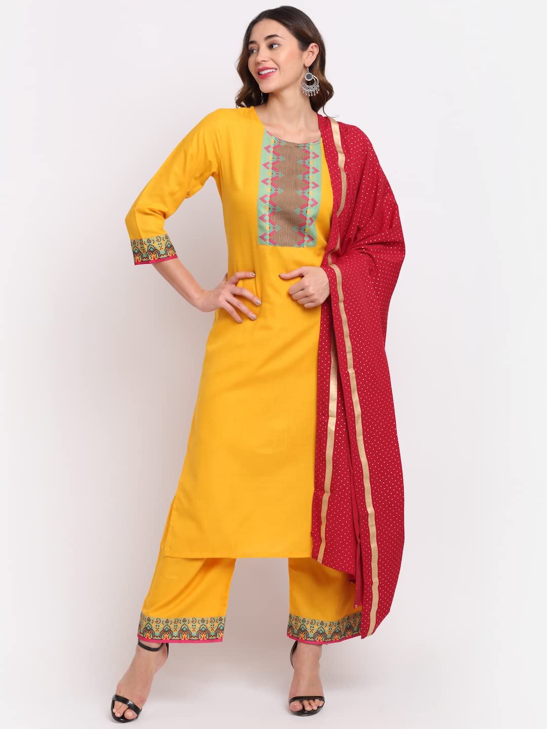 ANNI DESIGNER Women's Cotton Straight Kurta with Palazzo & Dupatta (KPZD-COT-10038-YELLOW)