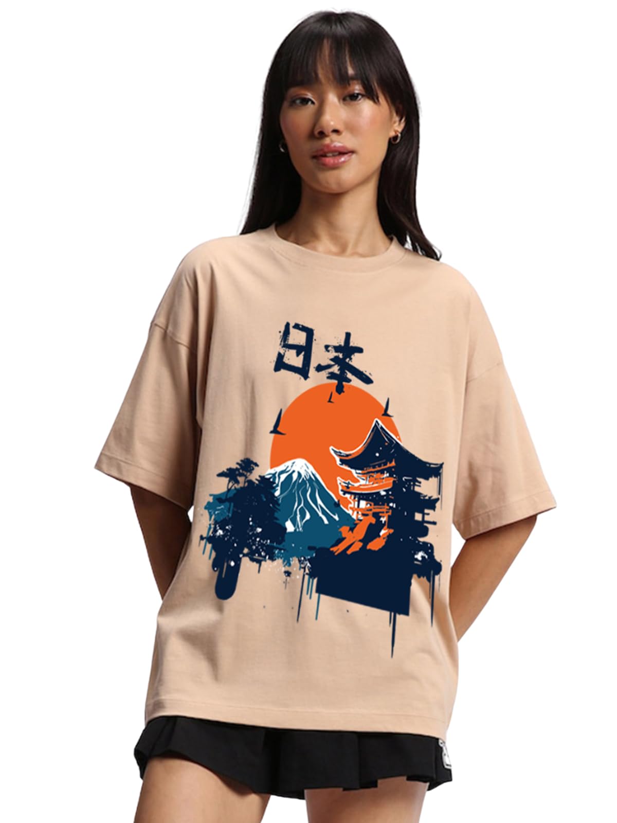 Juneberry Pure Cotton Drop Shoulder Oversized Baggy Fit Cool Nature Front Graphic Printed Beige Half Sleeve T-Shirt For Women &