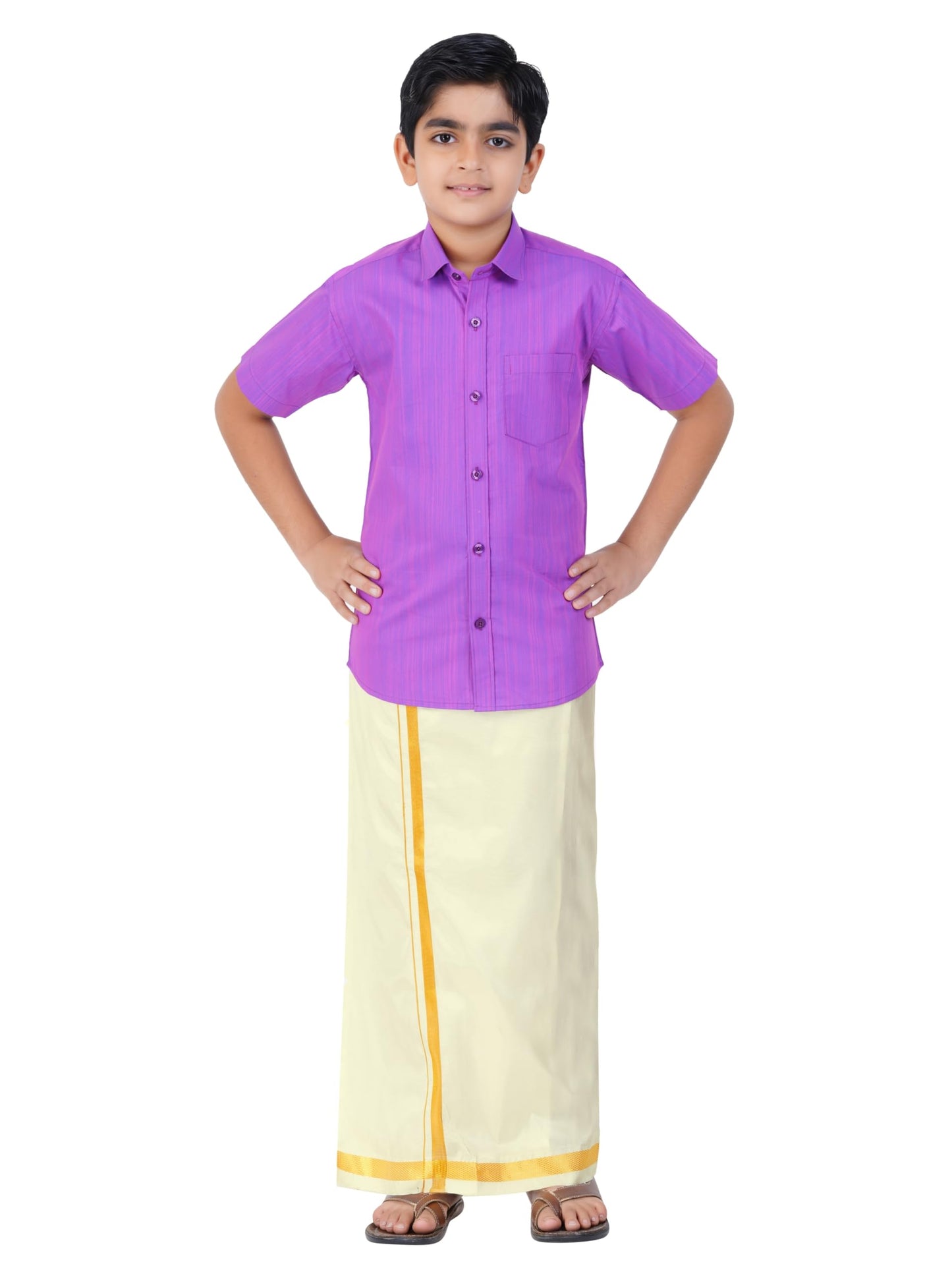 Boys Cotton Half Sleeve Self Design Shirt With Stitched Art Silk Dhoti For Boys (Madriyad-Lavender)