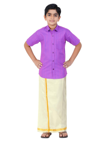Boys Cotton Half Sleeve Self Design Shirt With Stitched Art Silk Dhoti For Boys (Madriyad-Lavender)