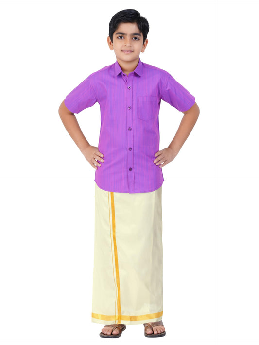 Boys Cotton Half Sleeve Self Design Shirt With Stitched Art Silk Dhoti For Boys (Madriyad-Lavender)