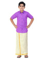 Boys Cotton Half Sleeve Self Design Shirt With Stitched Art Silk Dhoti For Boys (Madriyad-Lavender)