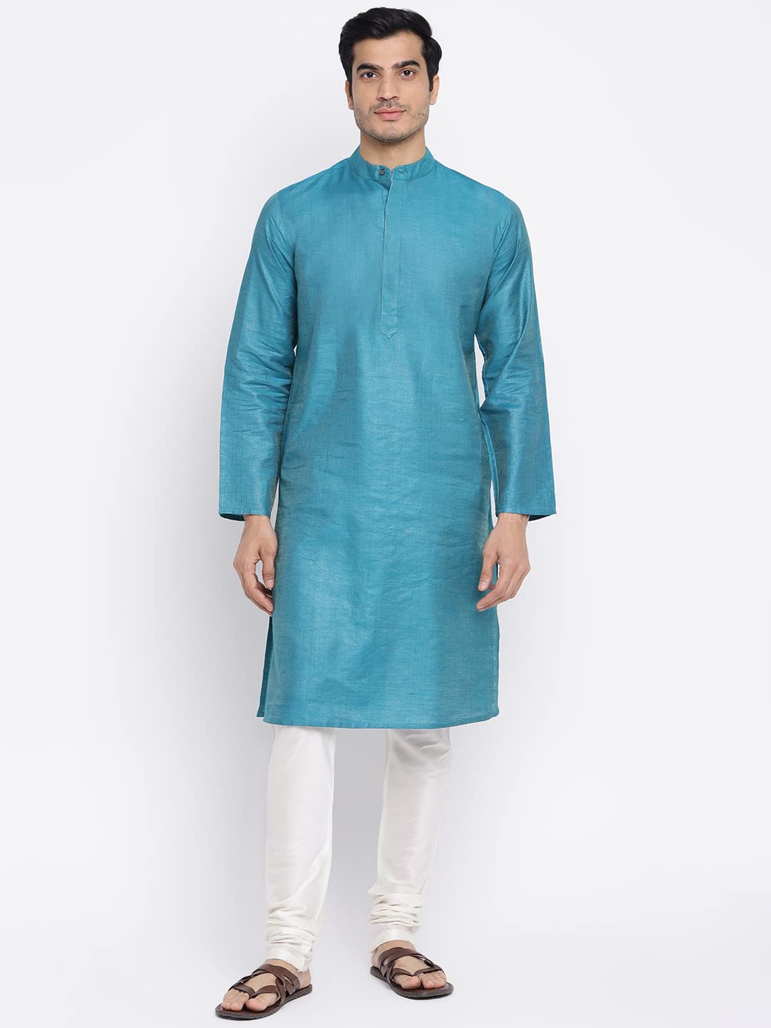 Fabindia Men Silk Blend Slim Fit Long Kurta Teal_XS