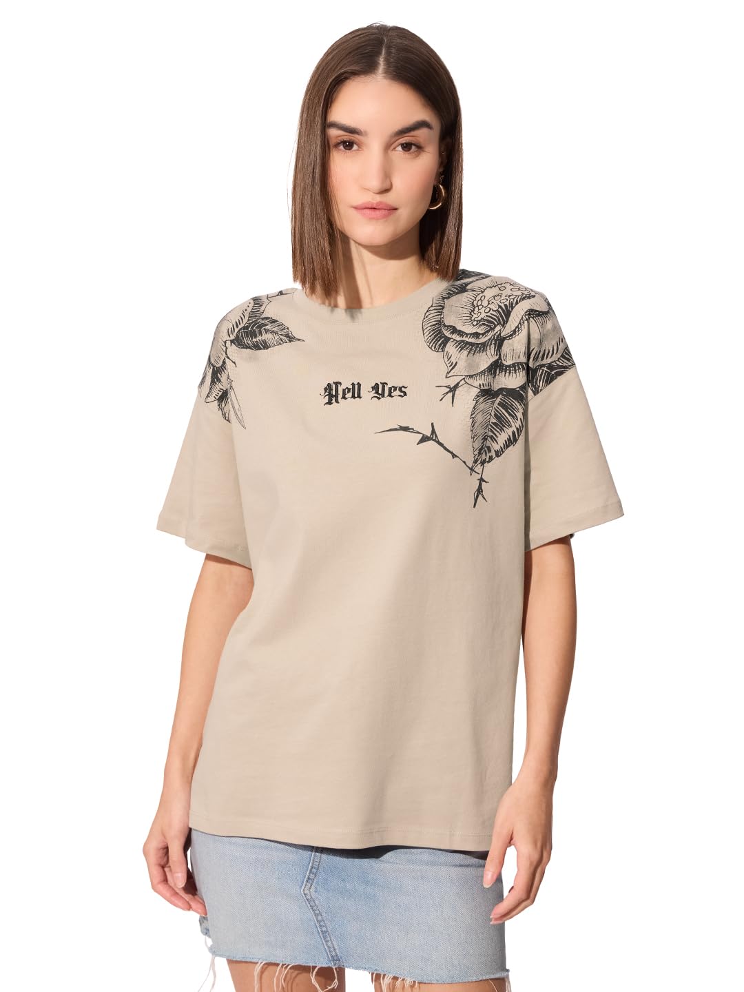 The Souled Store Hell Yes Women and Girls Short Sleeve Round Cotton Oversized T-Shirts Beige