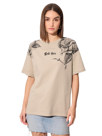 The Souled Store Hell Yes Women and Girls Short Sleeve Round Cotton Oversized T-Shirts Beige