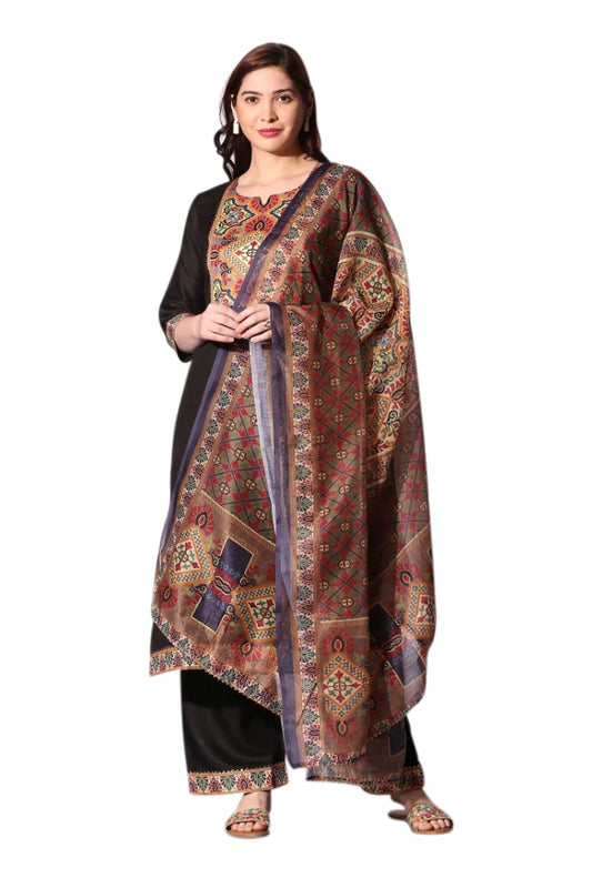 ANNI DESIGNER Womens Cotton Printed Straight Kurti with Palazzos & Dupatta Set (Reema Black_S_Black_Small)