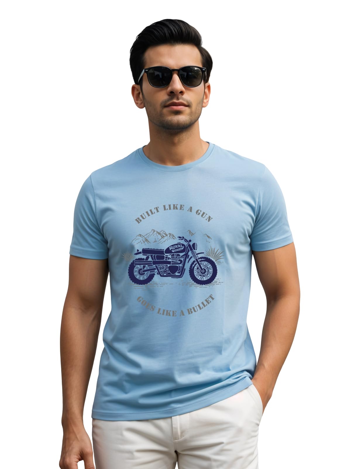 ADRO Men's Royal Bike Design Printed 100% Cotton T-Shirt - Regular Fit, Printed T-Shirts for Men (RN24-RYL-SK_Sky Blue)