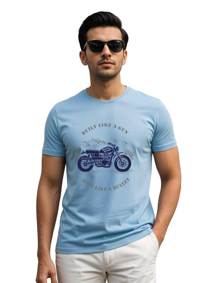 ADRO Men's Royal Bike Design Printed 100% Cotton T-Shirt - Regular Fit, Printed T-Shirts for Men (RN24-RYL-SK_Sky Blue)