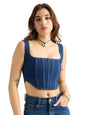 Shasmi Womens Solid Slim Fit Cotton Blouse Square Neck Denim Crop Top 158_Blue
